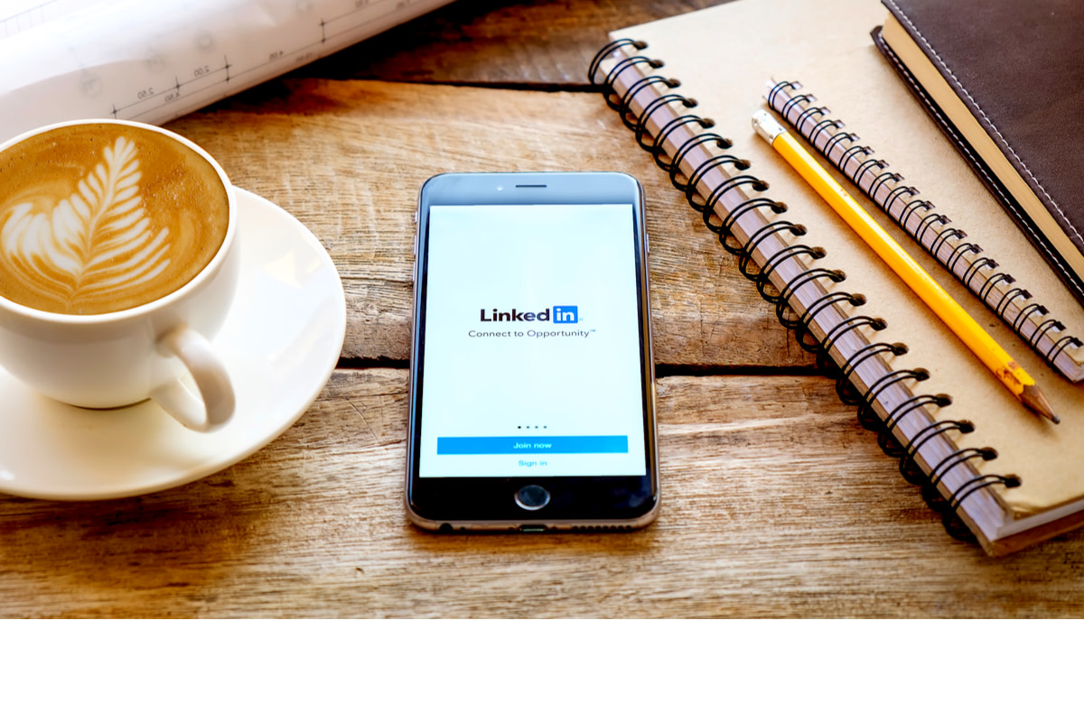 LinkedIn logo on a smartphone kept on a desk