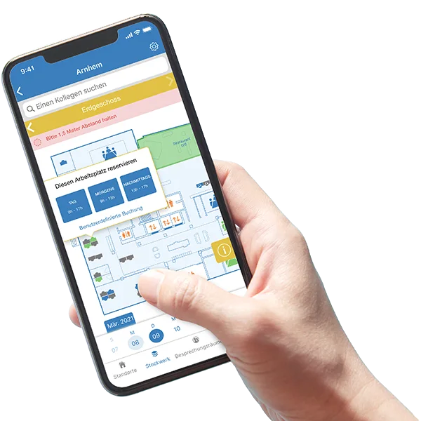 FlexWhere verfügt über eine praktische App für die Reservierung eines Arbeitsplatzes und eine Übersicht über Standorte und Besprechungsräume.