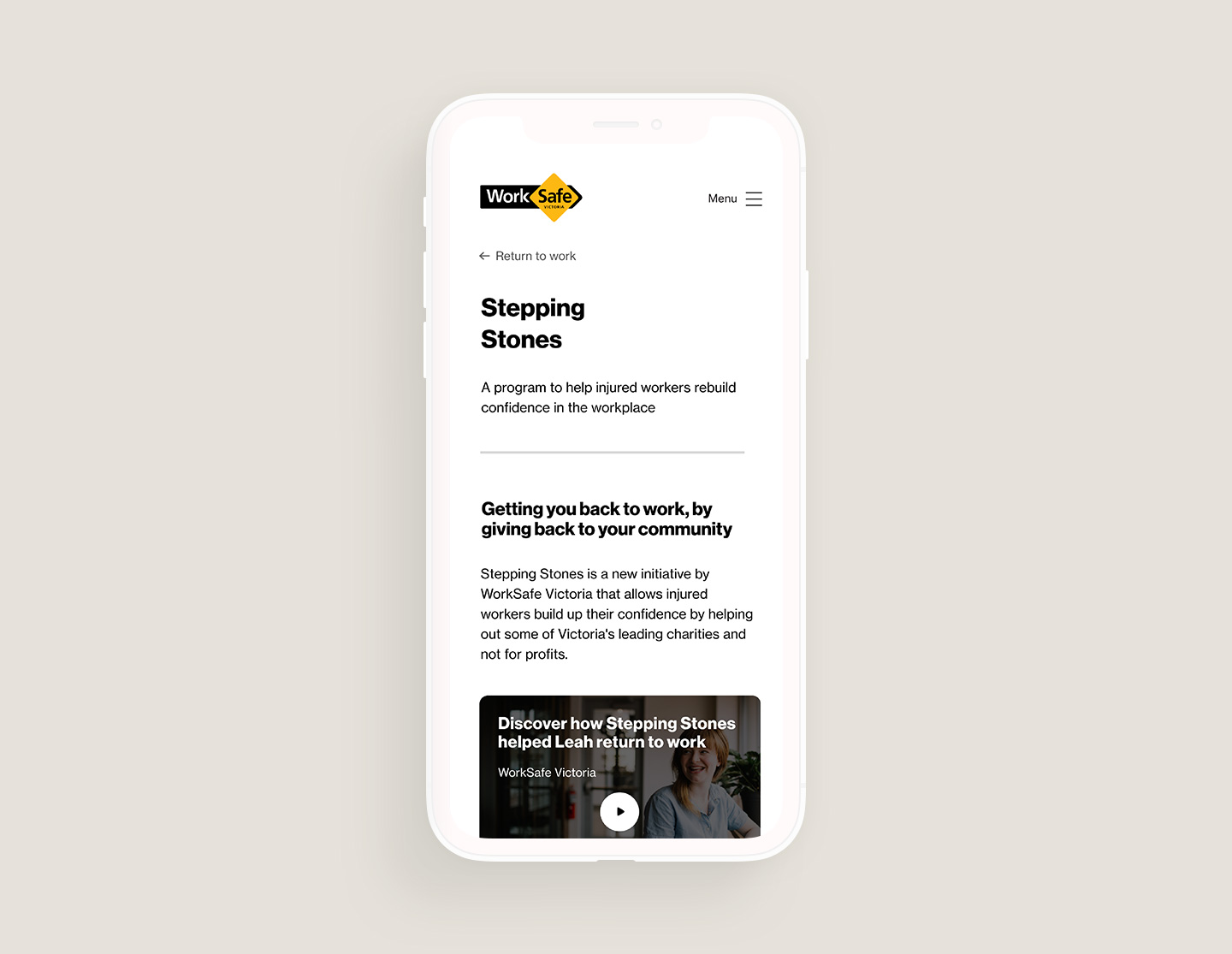 A mobile phone screen showing the Worksafe website with specific support materials to help people return to work after mental health injury.