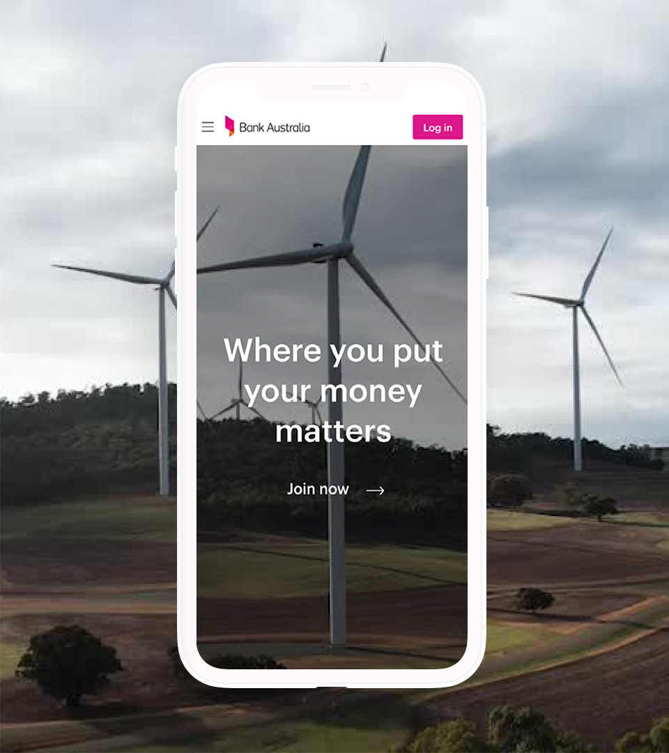 A screenshot of the mobile website. There is an image of wind turbines and a title that says 'where you put your money matters'.