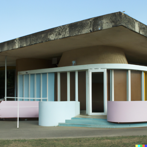 An ice cream shop in a building designed by Le Corbusier via DALL-E