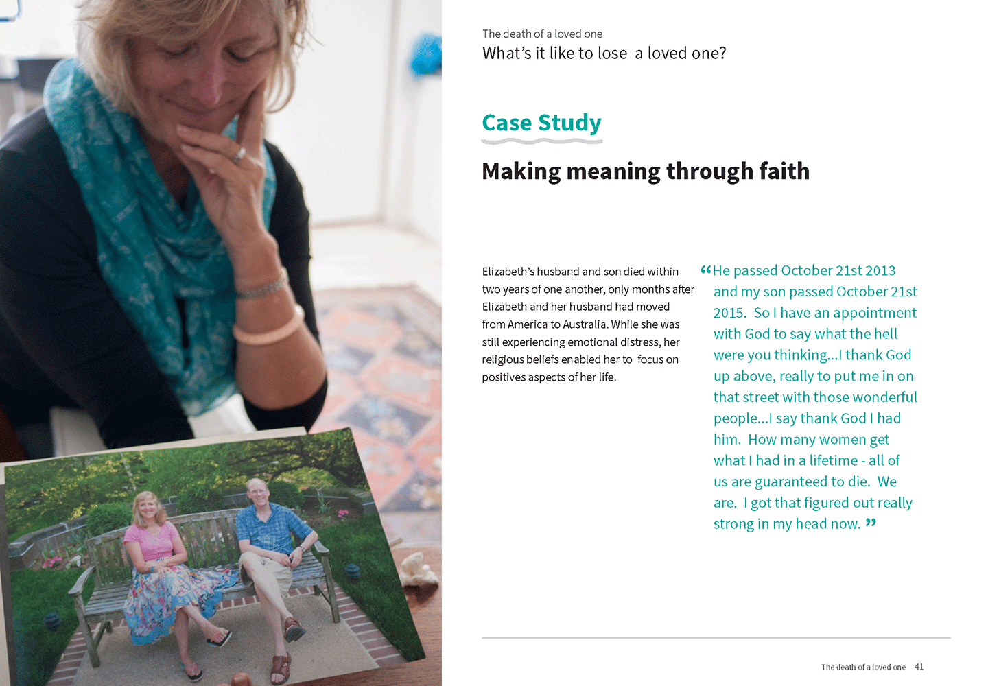 A one page excerpt from our research report into the death of a loved one. This page discusses a case study about how faith affects the experience. There is an image of a woman to the left, and report text to the right.