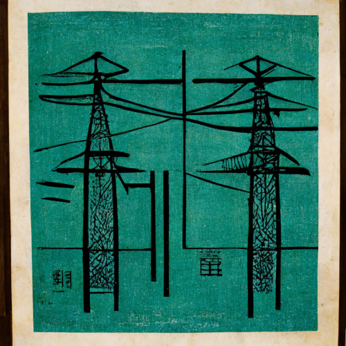 A woodblock print of resilient, reliable, affordable energy via Midjourney