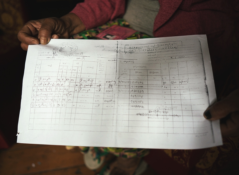 An example of a photocopied household registration form in Myanmar.