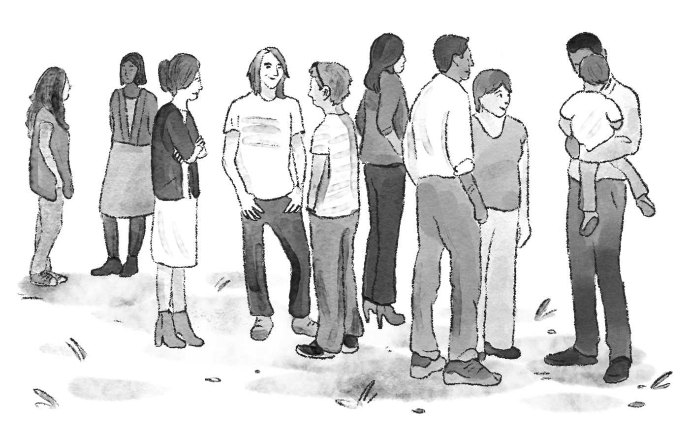 Illustration of a mix of people standing around, chatting casually