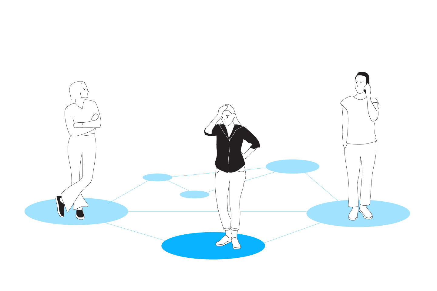 Illustration of people standing and thinking. They are standing alone but connected by a network lines. 