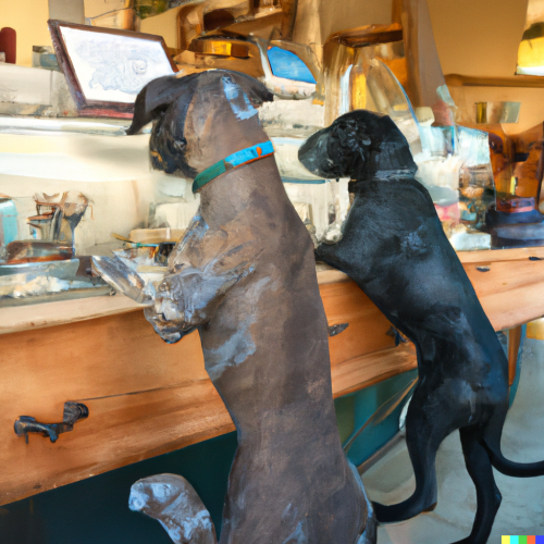Two large dogs ordering coffee at the local cafe via DALL-E.
