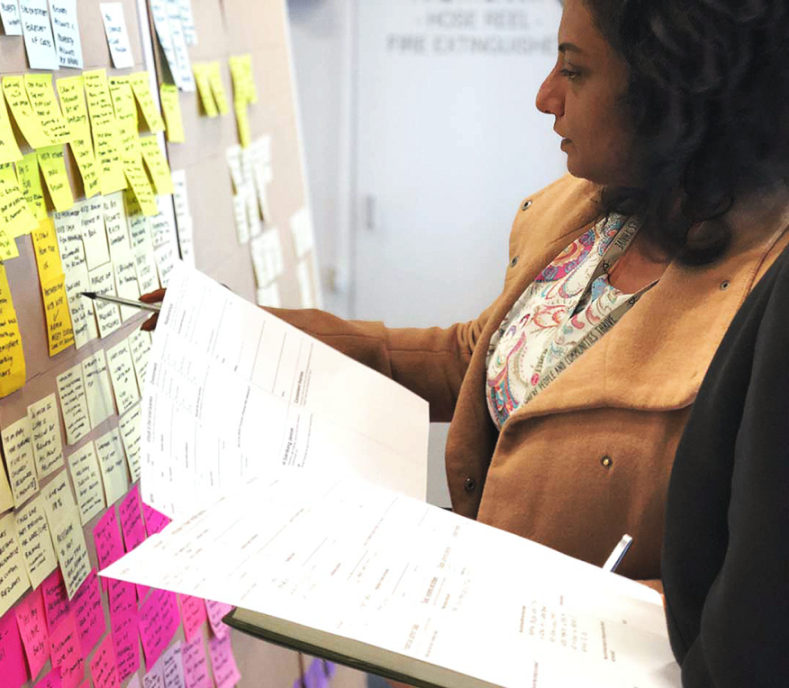 A photo of two people, looking at a wall of post-its notes, with worksheets in their hands.