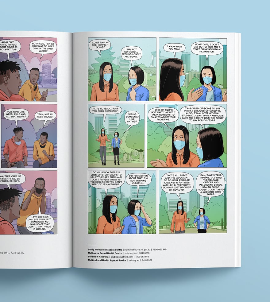 A spread from a comic showing two people having a conversation about sexual health during COVID.