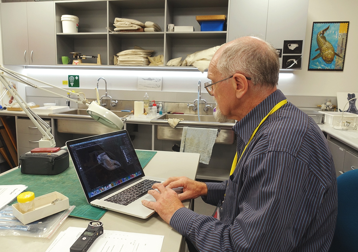A conservation researcher looks at an object on his laptop