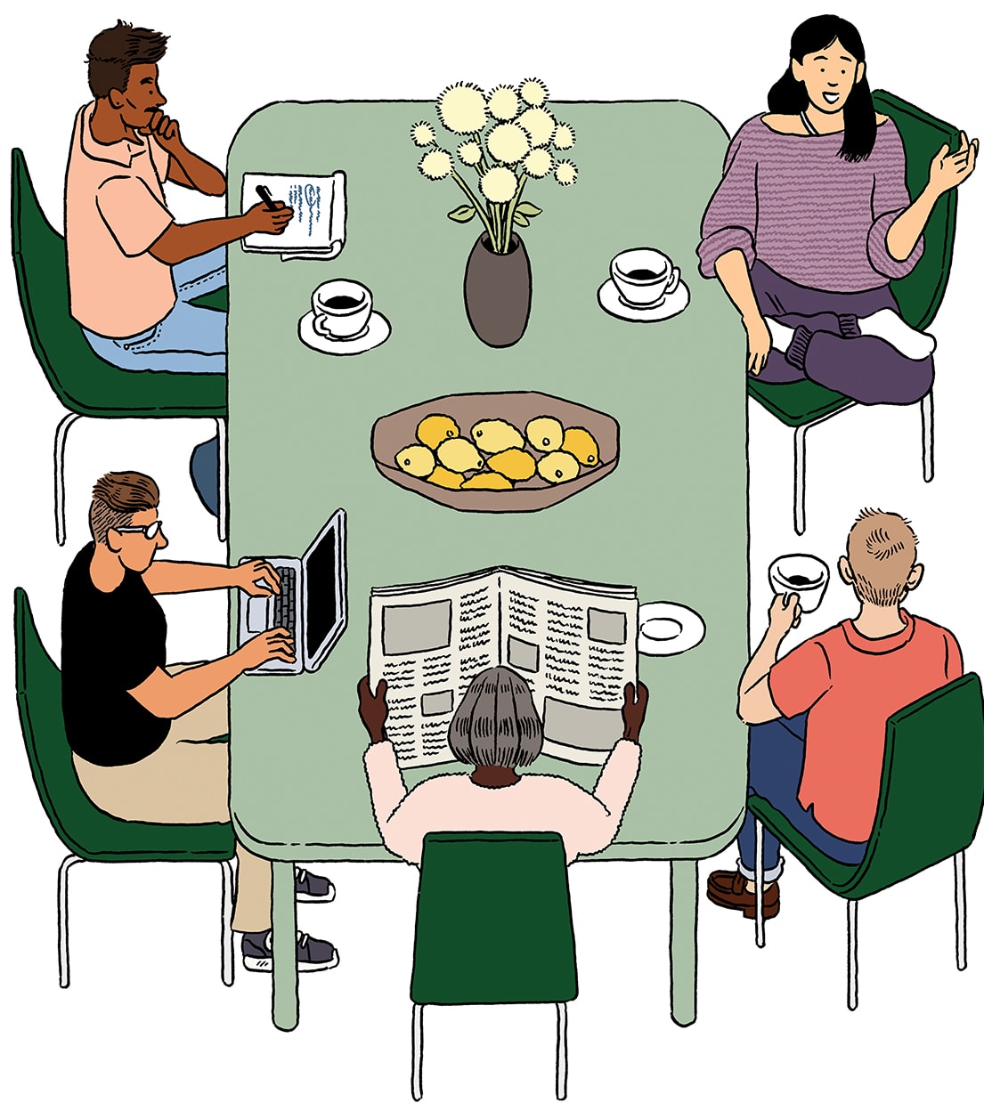 Illustration of five people around a dining table, working and discussing. 