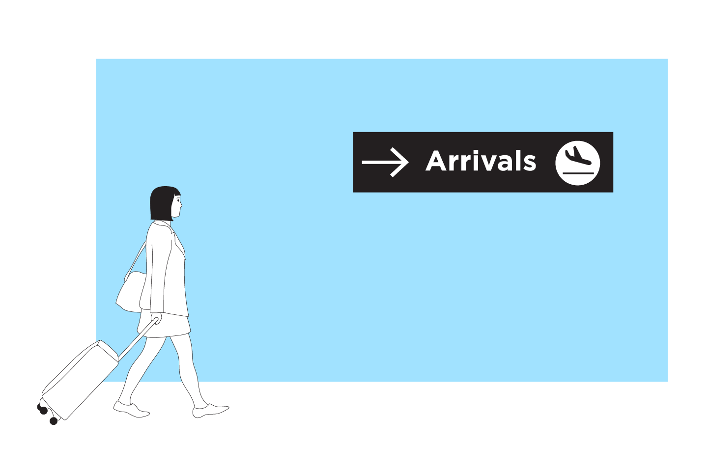 Illustration of a woman walking through an airport to the arrivals gate. 