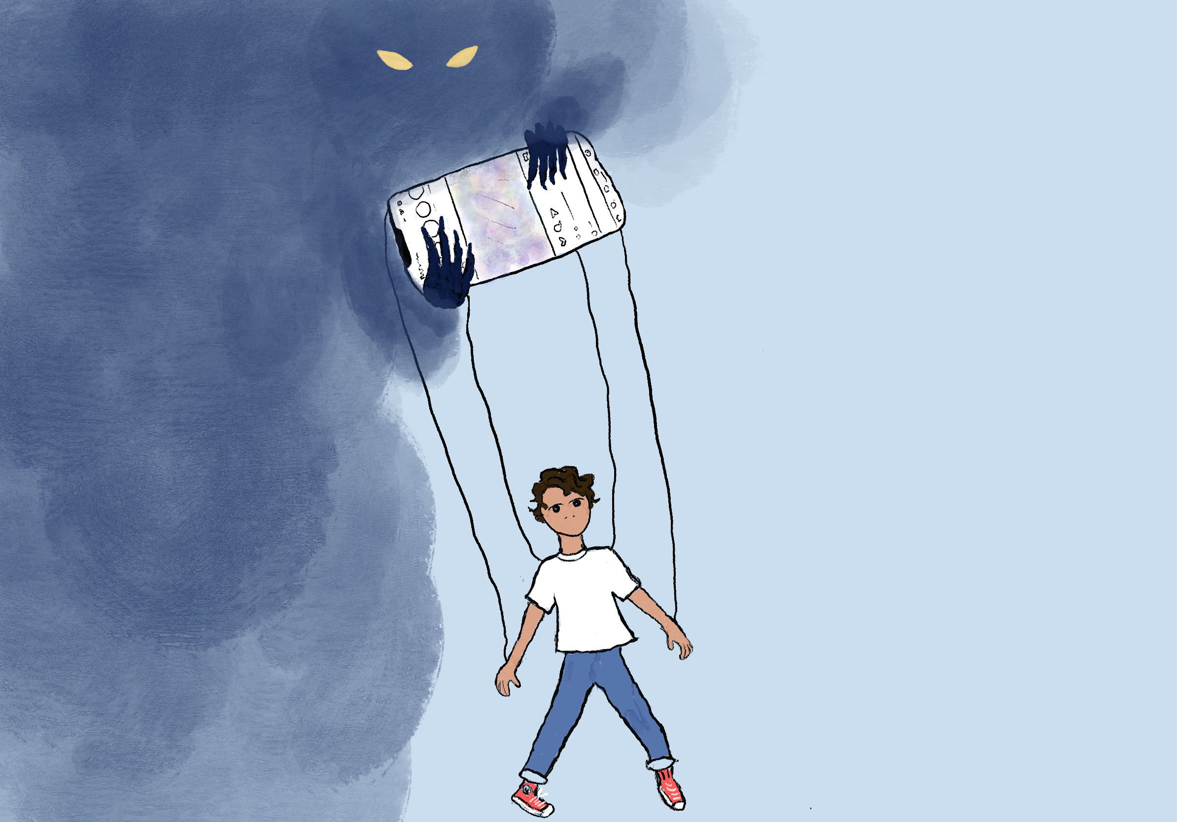 A young boy is hanging from strings like a puppet. above him a sinister looking dark cloud is pulling the strings of, attached to what appears yo be a tablet or phone.