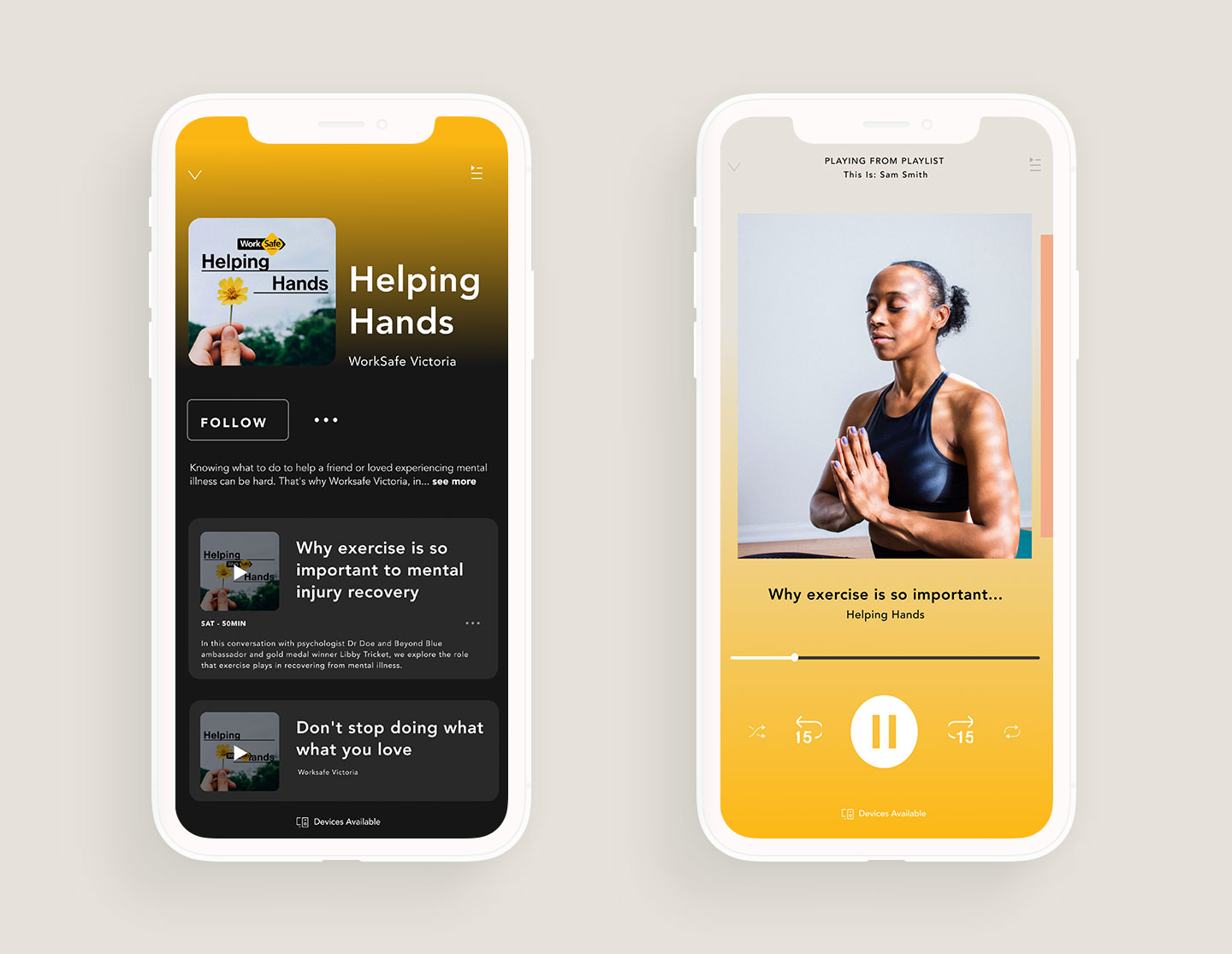 A mock up of two mobile phones showing a podcast series called helping hands that help people to look after themselves after a mental health injury.