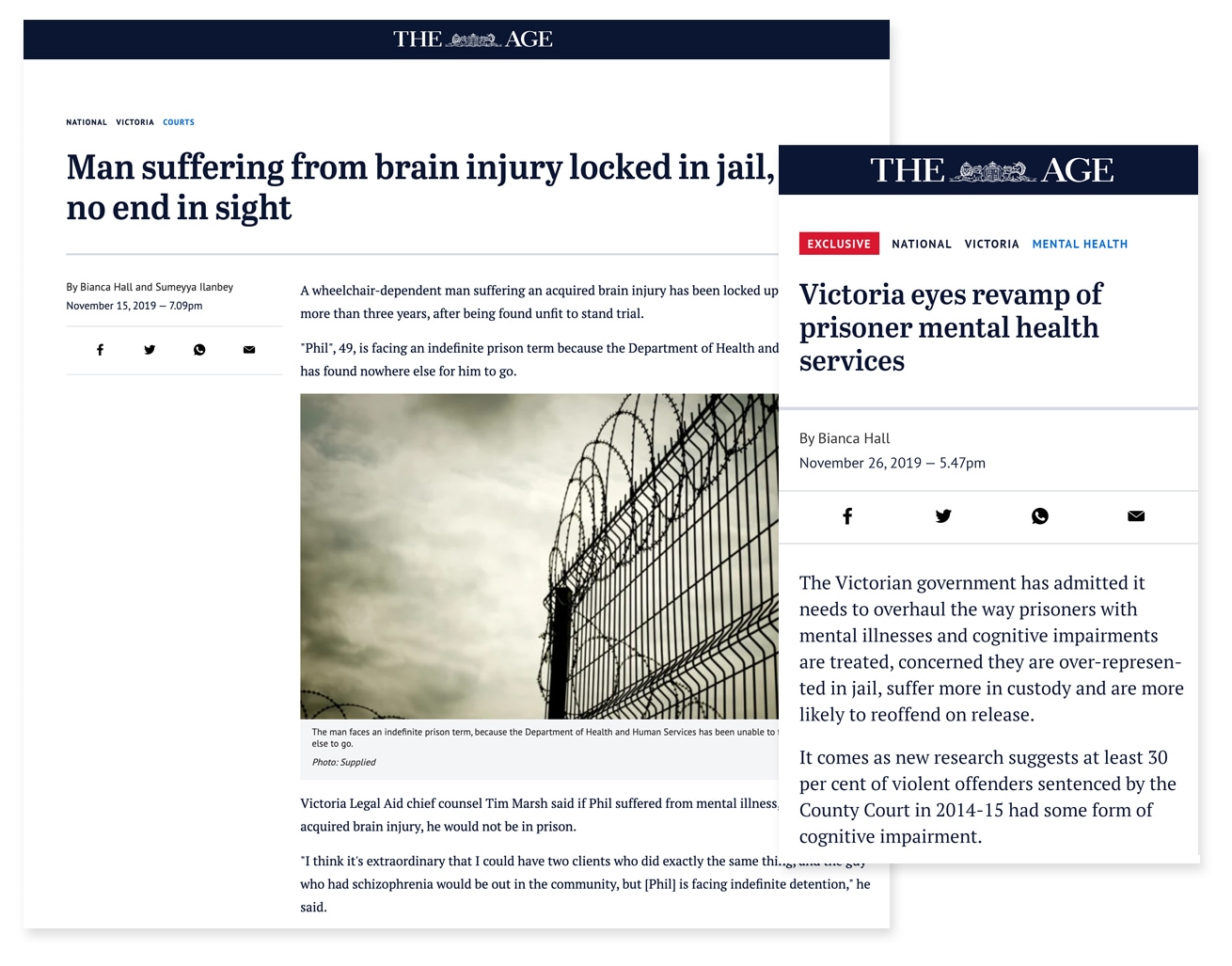 Screenshots of articles from The Age, with headlines including "Man suffering from brain injury locked in jail, no end in sight" and "Victoria eyes revamp of prisoner mental health services".