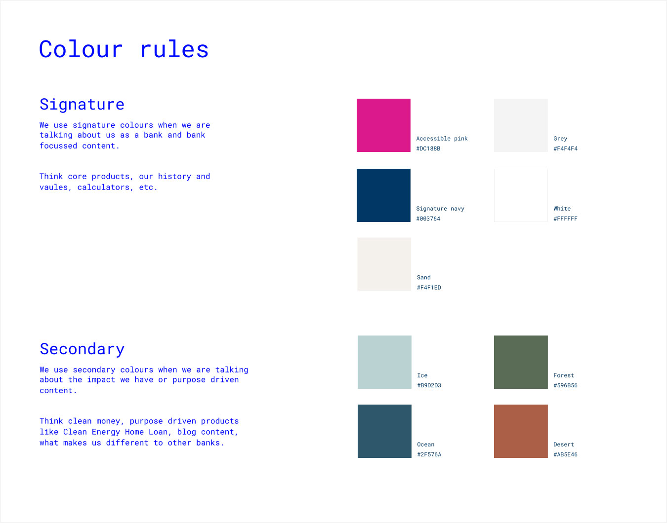 Colour rules for Bank Australia's signature and secondary colours.