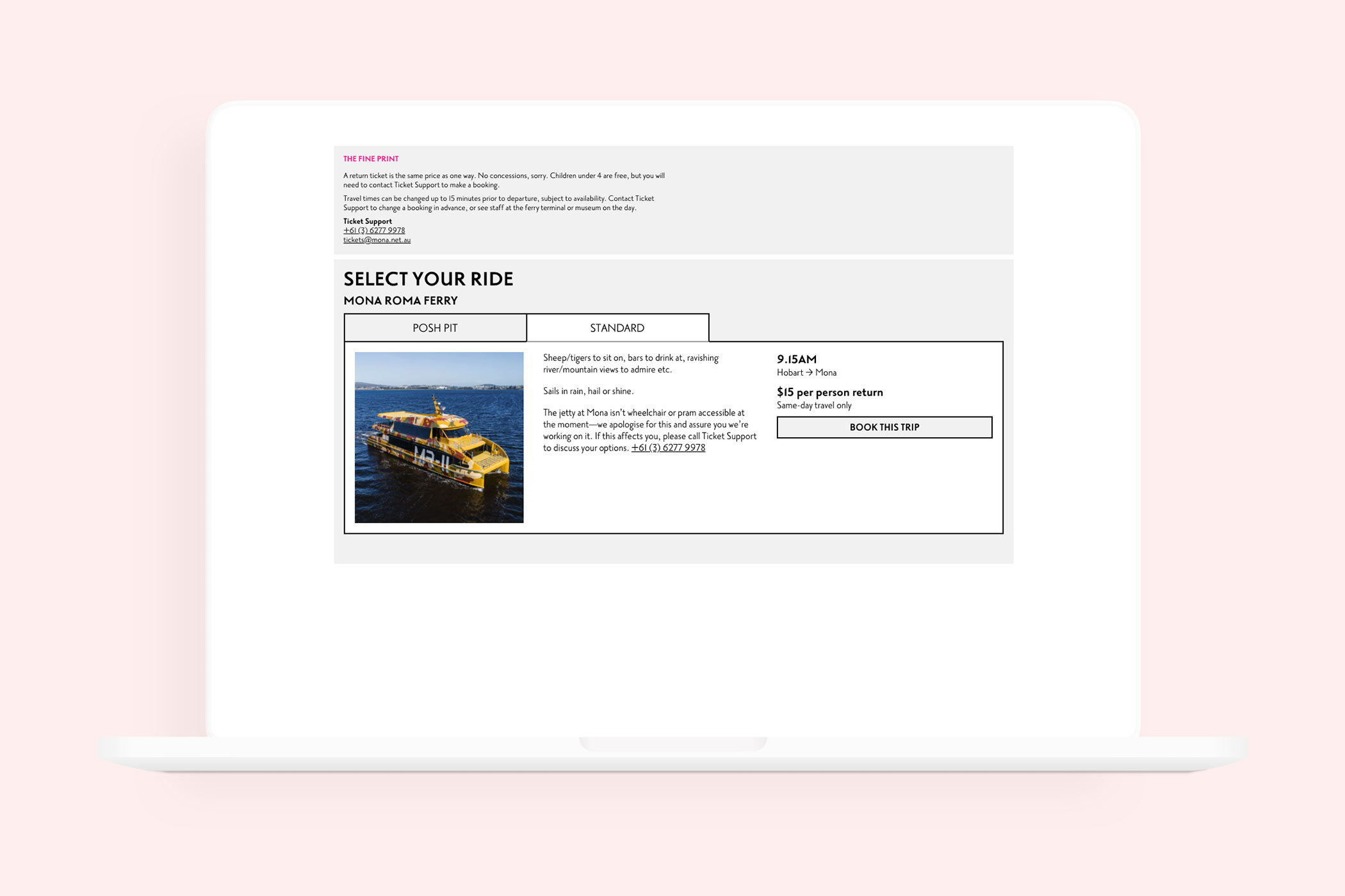 A screenshot of the MONA website showing the options for booking the Ferry that goes from Hobart to the museum.