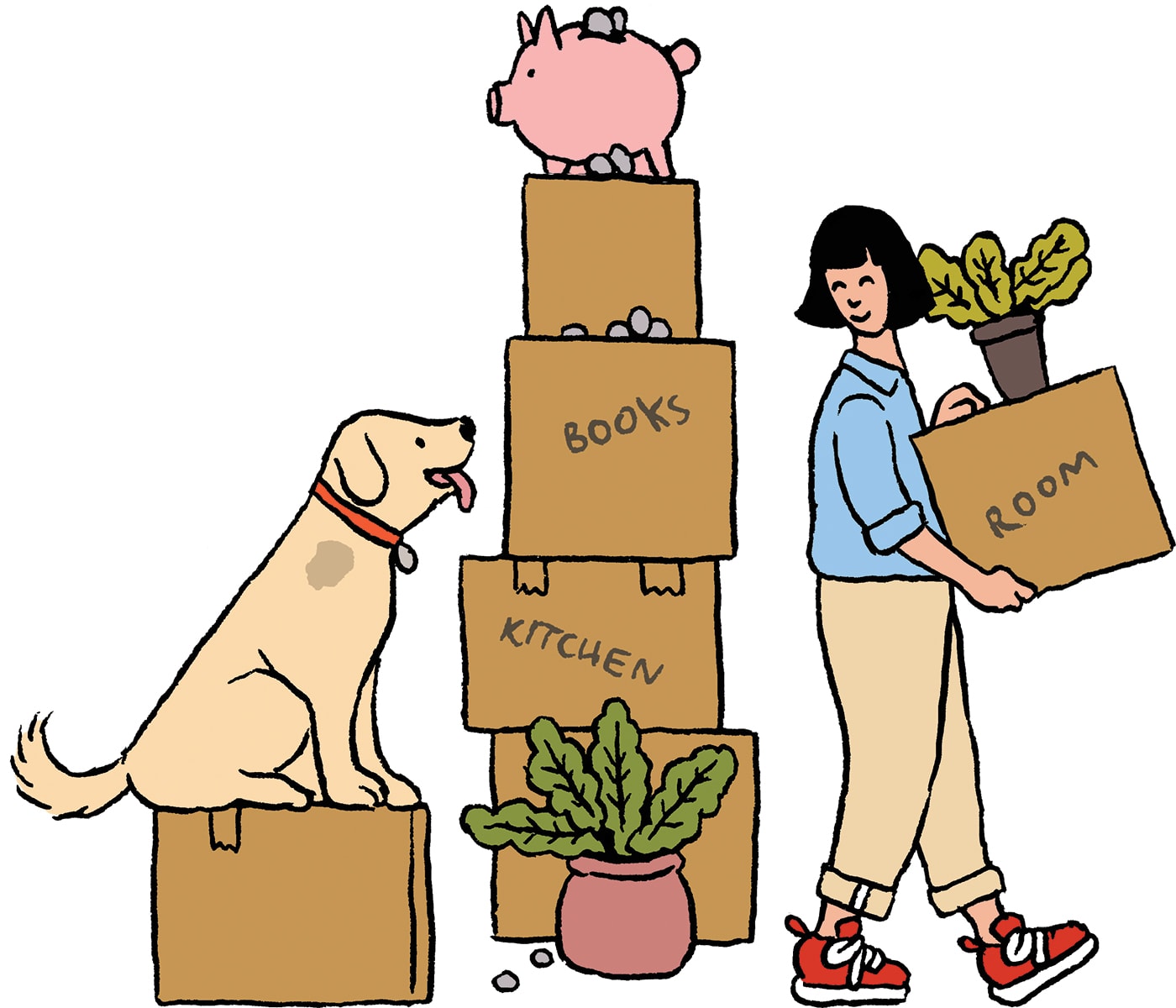 Illustration of a person moving house, with potted plants, a piggy bank, and a dog. 