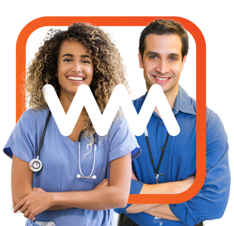 A female nurse and male businessman standing together with a WorkMarket logo