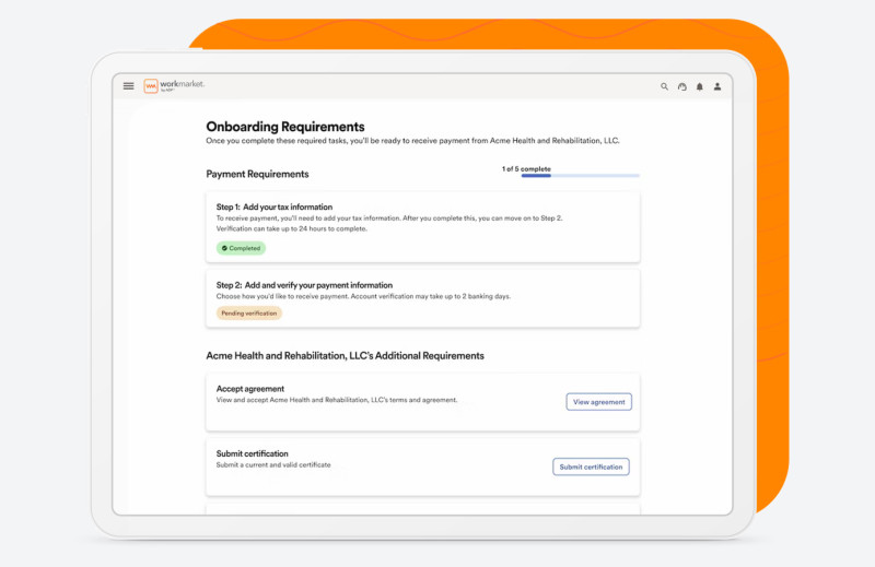 WorkMarket interface showing onboarding requirements