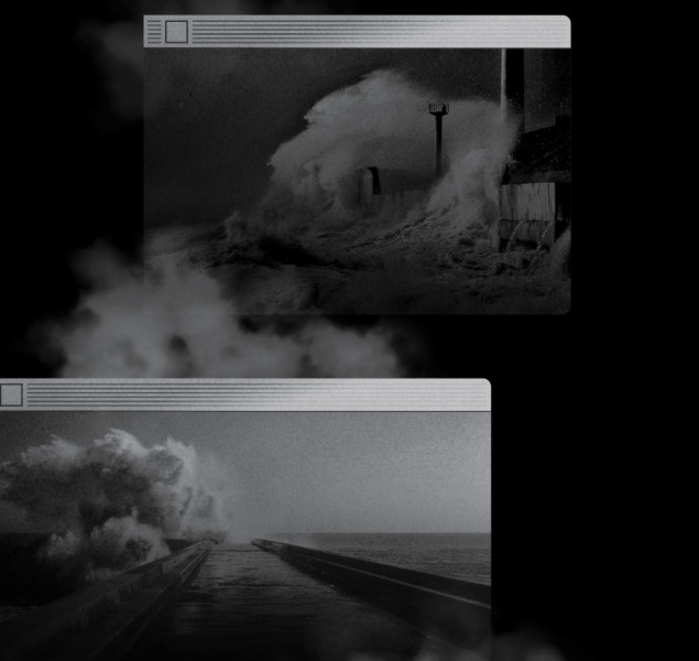 Old-school browser window with an image of an sea walls overflowing, partially obscured by misty clouds