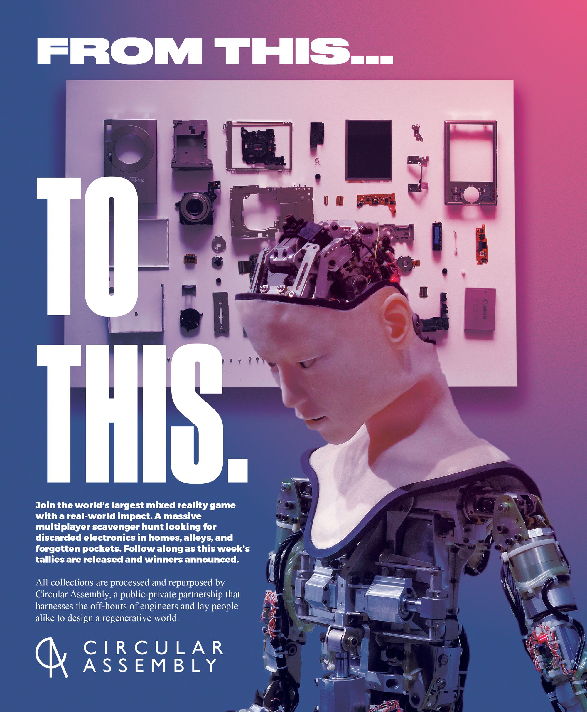 Ad stating "From this... to this," referencing the transition from the mechanical parts hung in the background to the humanoid robot in the foreground.