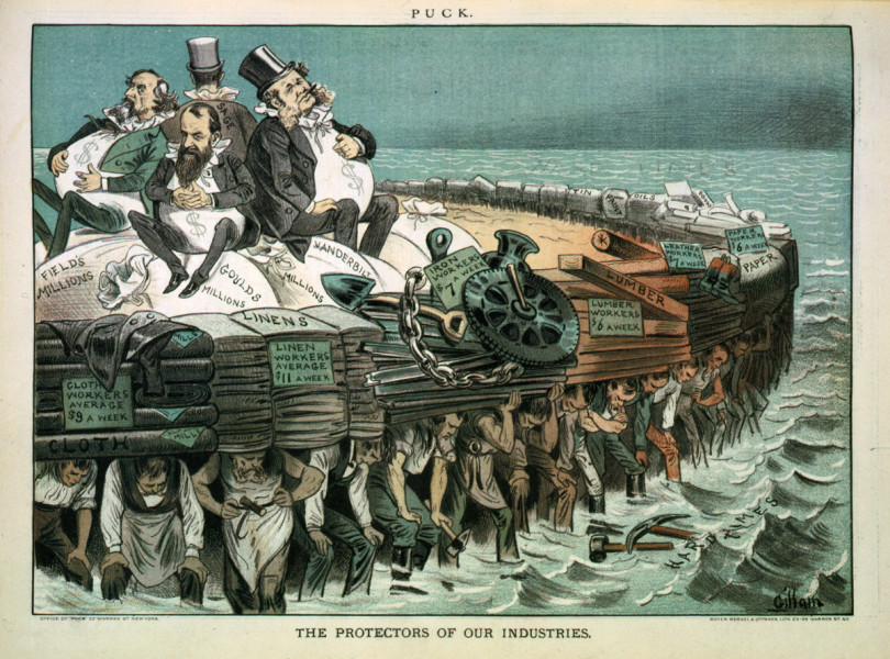 A cartoon showing Gilded Age robber barons being carried by workers.