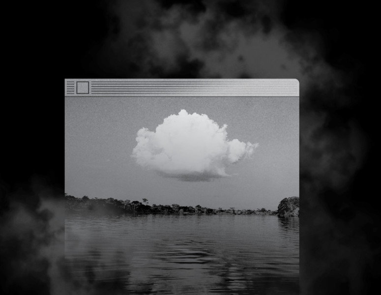 Stylized image of a retro browser window holding an image of a cloud over rippling water.