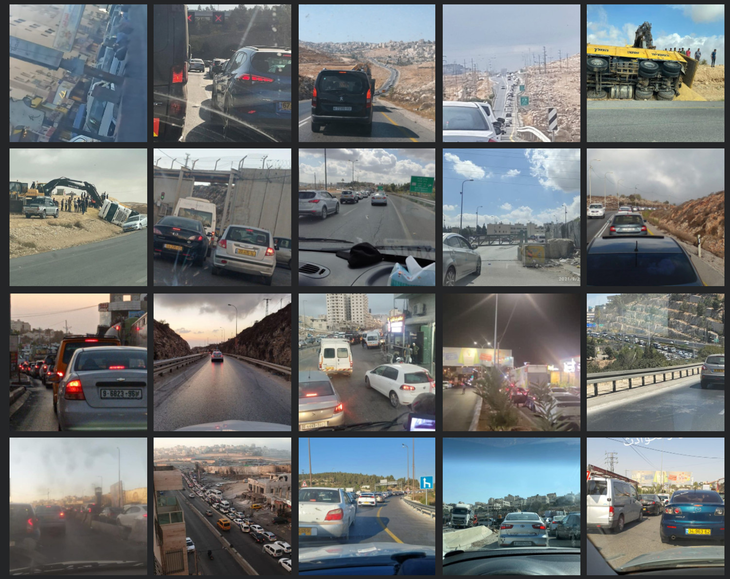 Photos posted by various users to the Facebook group in 2021, depicting scenes of traffic congestion and road incidents at different locations and times of day.