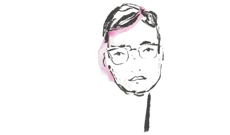 A black-and-white brush-drawn portrait of Dave Maass, with short hair and glasses.