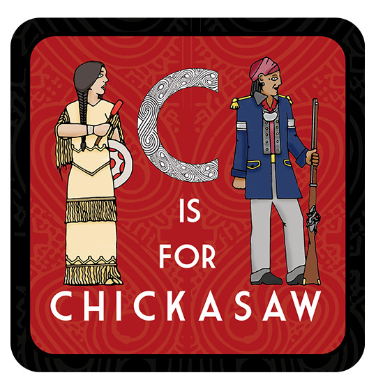 A square icon with a red background featuring a Chickasaw man and woman with "C is for Chickasaw" printed between them.