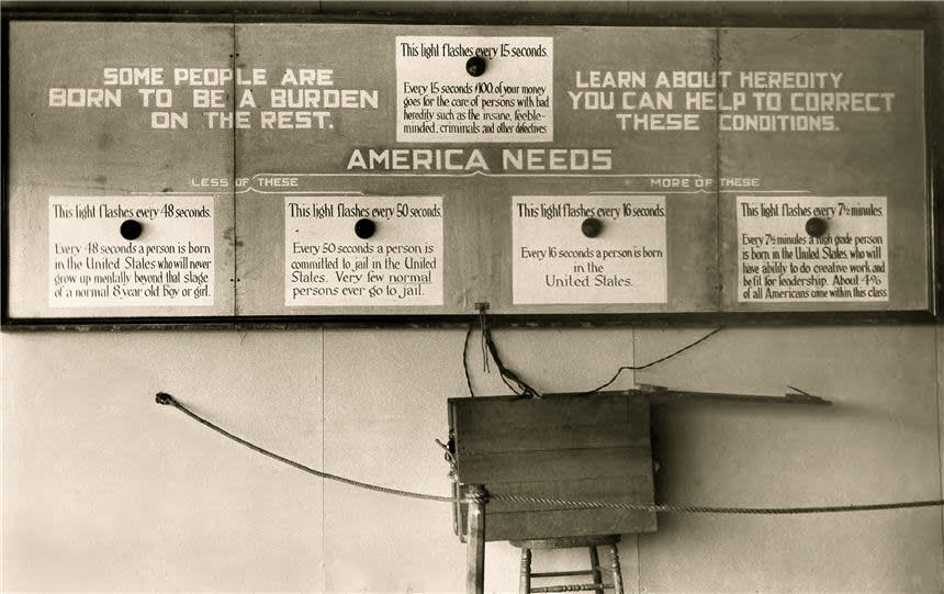 Flashing light sign from “Fitter Family” contest,” ca. 1926, depicting eugenicist beliefs about the heritability of “unfit traits” like “criminality,” “insanity,” and “pauperism.” Source: American Eugenic Society Records.