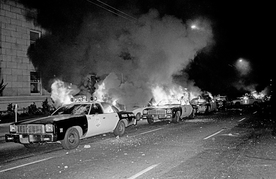 Burning police cars at the San Francisco Civic Center, May 21, 1979, during the so-called White Night protests.