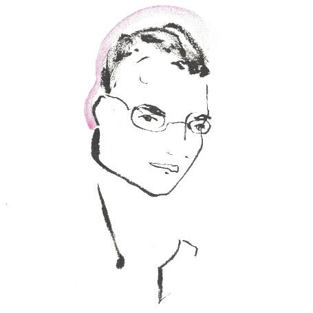 A black-and-white brush-drawn portrait of Steve Phillips, with short hair and glasses.