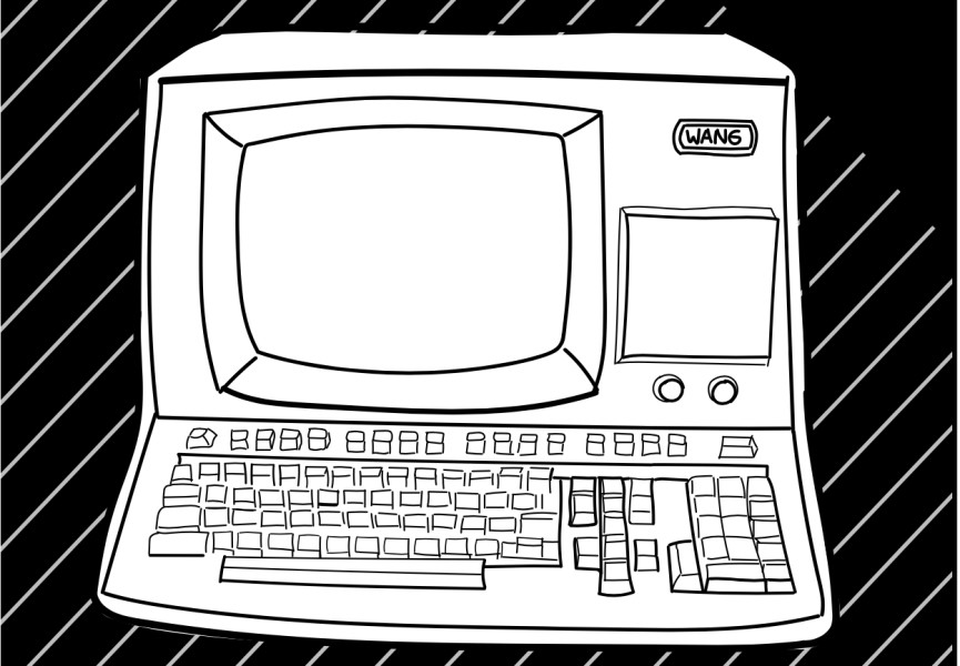A handdrawn image of a Wang computer, with an integrated monitor and keyboard.