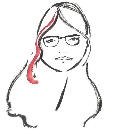 A black-and-white brush-drawn portrait of Maria Noel Fernandez, face framed by long hair and glasses.