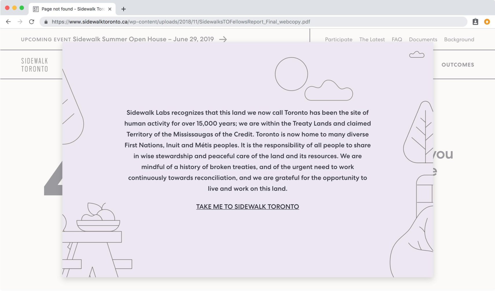 A screenshot of the Sidewalk Toronto website covered by a popup alert with a statement acknowledging that Toronto is within the Treaty Lands and claimed Territory of the Mississaugas of the Credit, and an expression of gratitude.