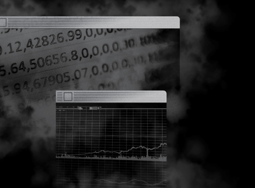 Old-school browser window with an image of a stock ticker, partially obscured by misty clouds