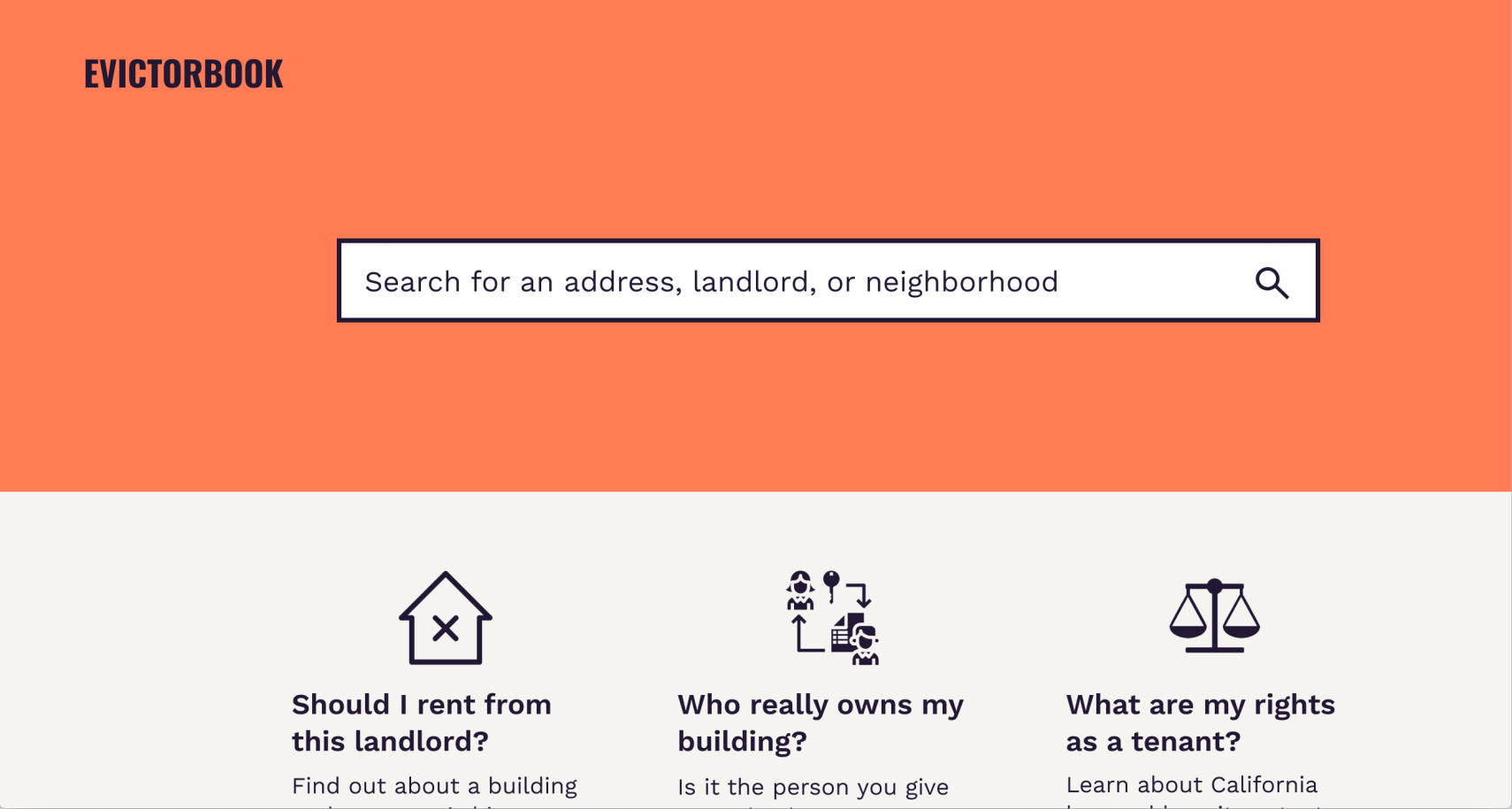 Mockup of evictorbook, a webpage showing prompt asking a user to search for an address, landlord, or neighborhood.