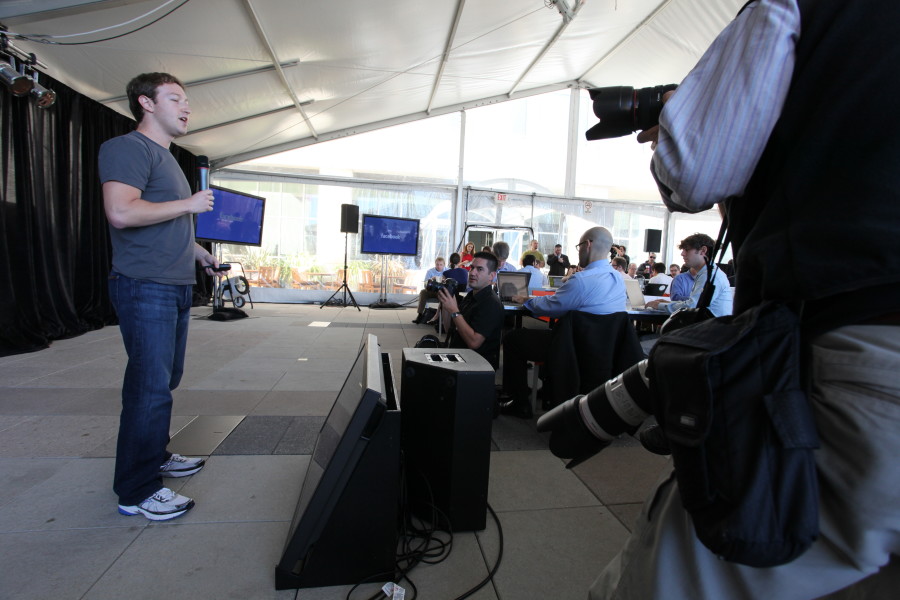 Mark Zuckerberg, founder and CEO, shows off the new messaging system in Facebook in front of press.