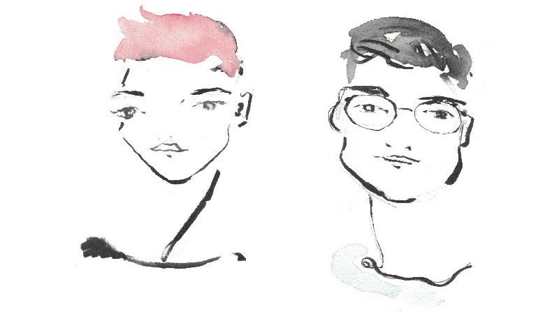 A black-and-white brush-drawn portraits of Val Aurora and Ka-Ping Yee. Val on left has pink short hair, and Ping on right has short black hair and is wearing glasses. Both look forward at reader.