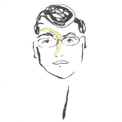 A black-and-white brush-drawn portrait of Ernesto Falcon, with short hair and glasses.