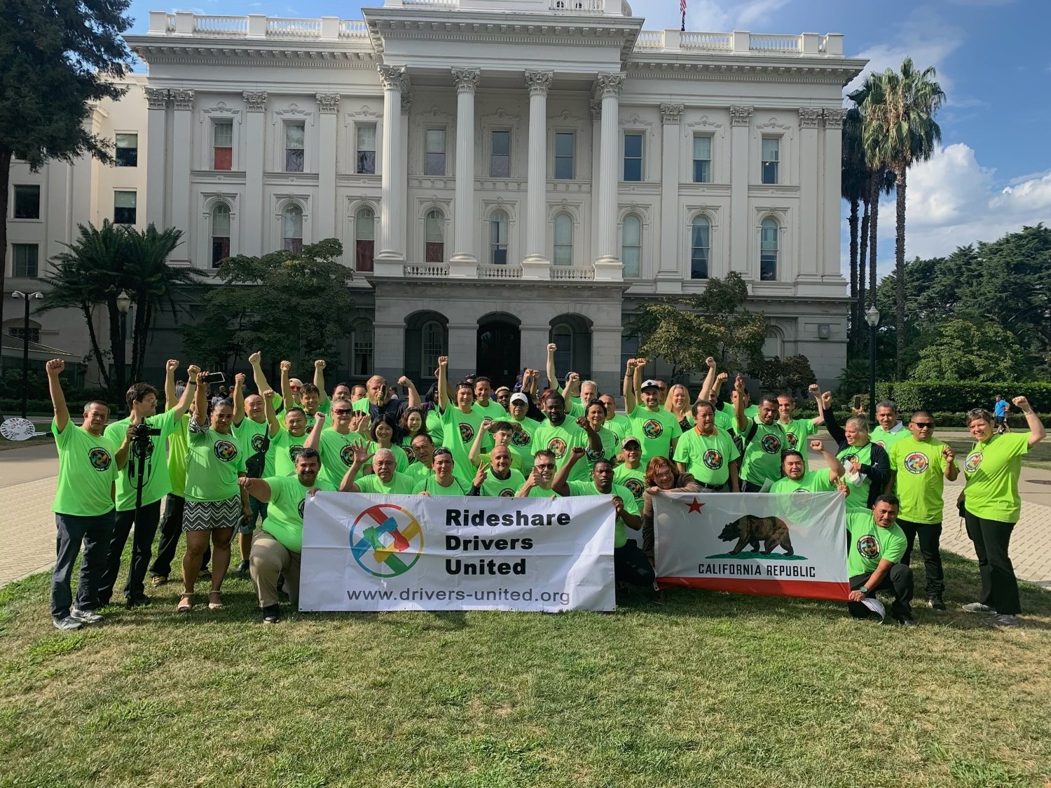Drivers rally to push for enforcement of California Assembly Bill 5 in Los Angeles, which classified Uber and Lyft drivers as employees. Photo courtesy of Rideshare Drivers United, 2020.