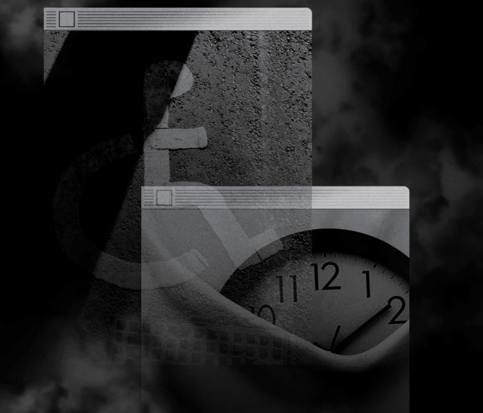 Old-school browser window with an image of a clock and wheelchair icon, partially obscured by misty clouds