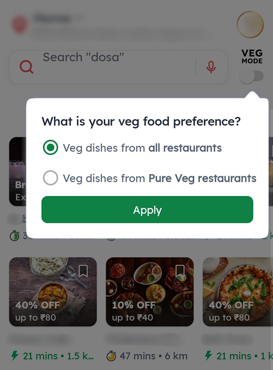 Toggle for Pure Veg mode on Zomato