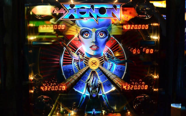 A photo of Xenon, the first pinball table to feature a woman's voice.