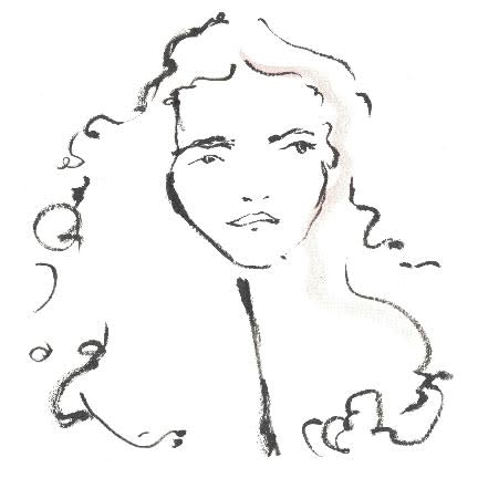 A black-and-white brush-drawn portrait of Laurie Allen, face framed by long curly hair.