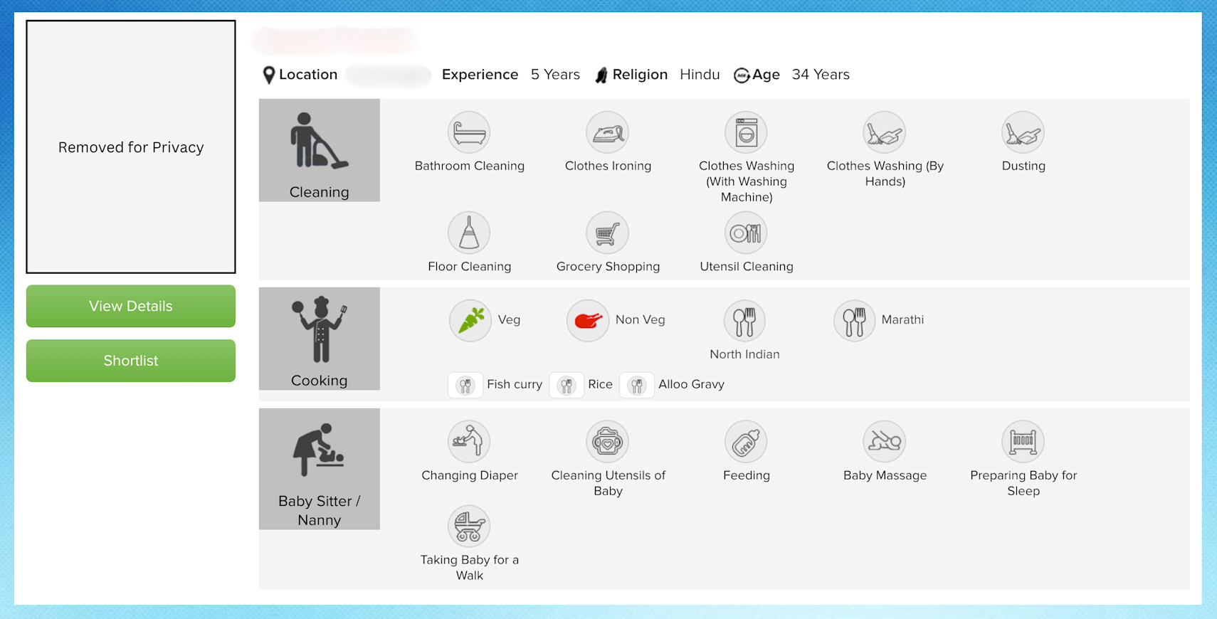 Worker profile on BookMyBai.com