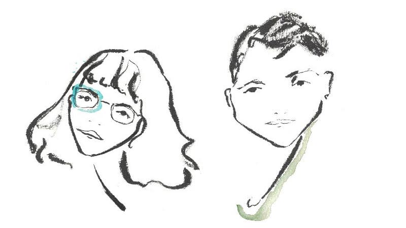 Two minimal, brush-drawn black-and-white portraits with pops of color: one face with shoulder-length hair and glasses on the left, and another with short hair on the right.