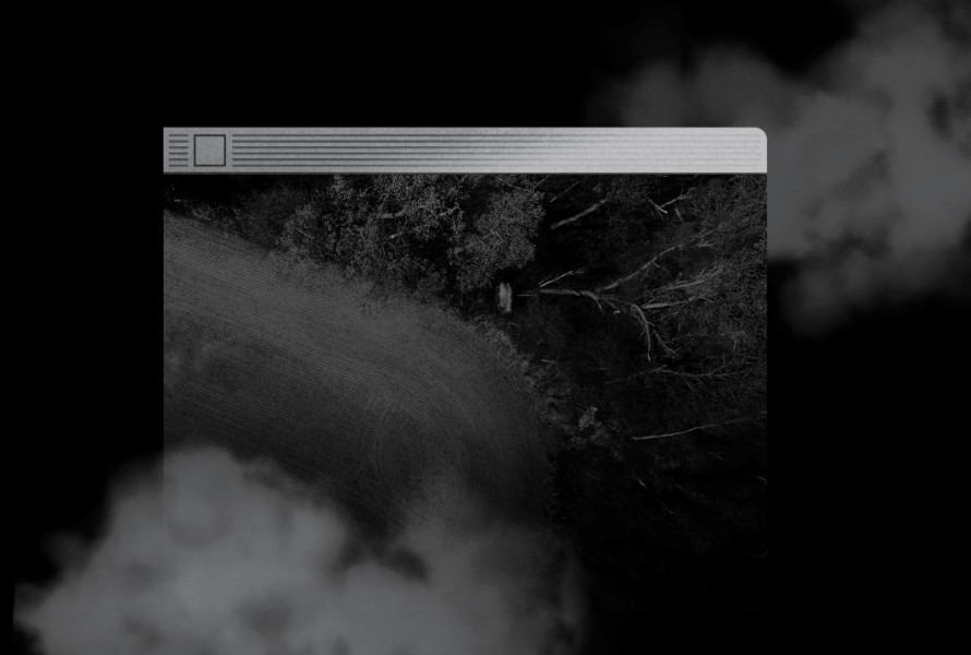 Old-school browser window with an image of an forest, partially obscured by misty clouds